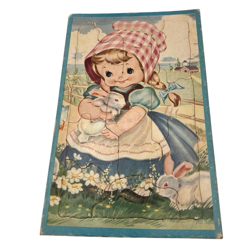 Vintage 1960's Child's Puzzle COMPLETE Girl With Bunnies Red Bonnet Farm